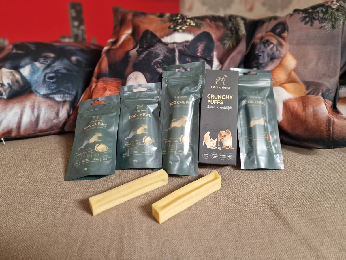Sūrio skanėstai šunims: Hi! Dog chews asortimentas Arčio krautuvėlėje