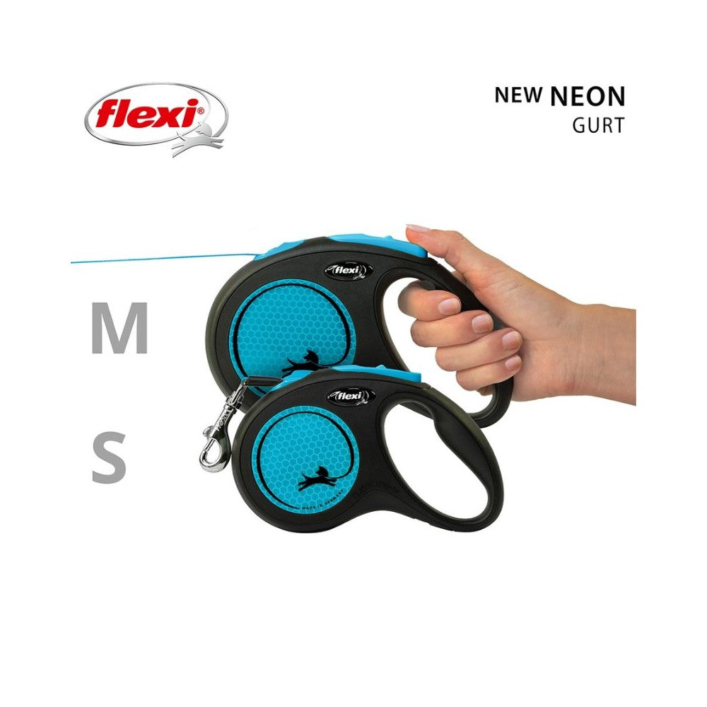 Flexi New Neon M automatinis pavadys, 5 m, juostelė, mėlynas