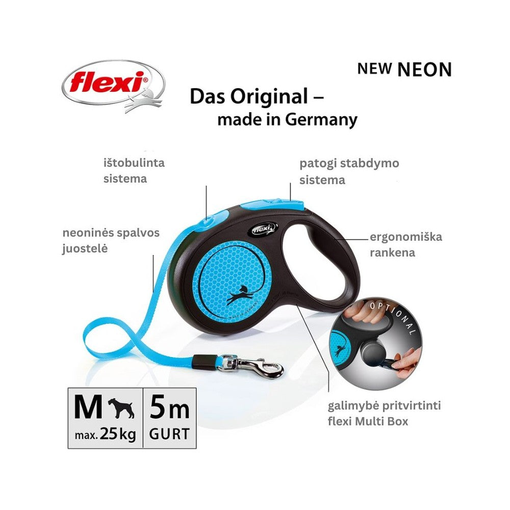 Flexi New Neon M automatinis pavadys, 5 m, juostelė, mėlynas