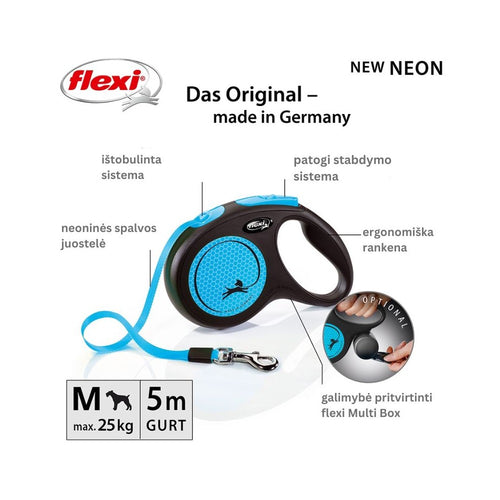 Flexi New Neon M automatinis pavadys, 5 m, juostelė, mėlynas