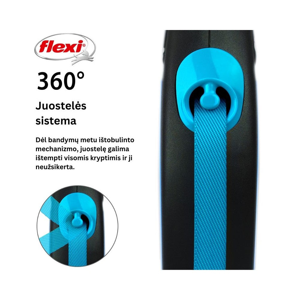 Flexi New Neon M automatinis pavadys, 5 m, juostelė, mėlynas