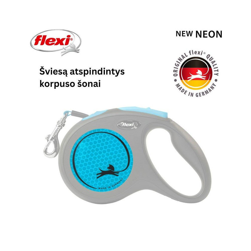 Flexi New Neon M automatinis pavadys, 5 m, juostelė, mėlynas