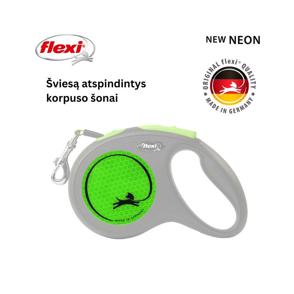 Flexi New Neon M automatinis pavadys, 5 m, juostelė, žalias