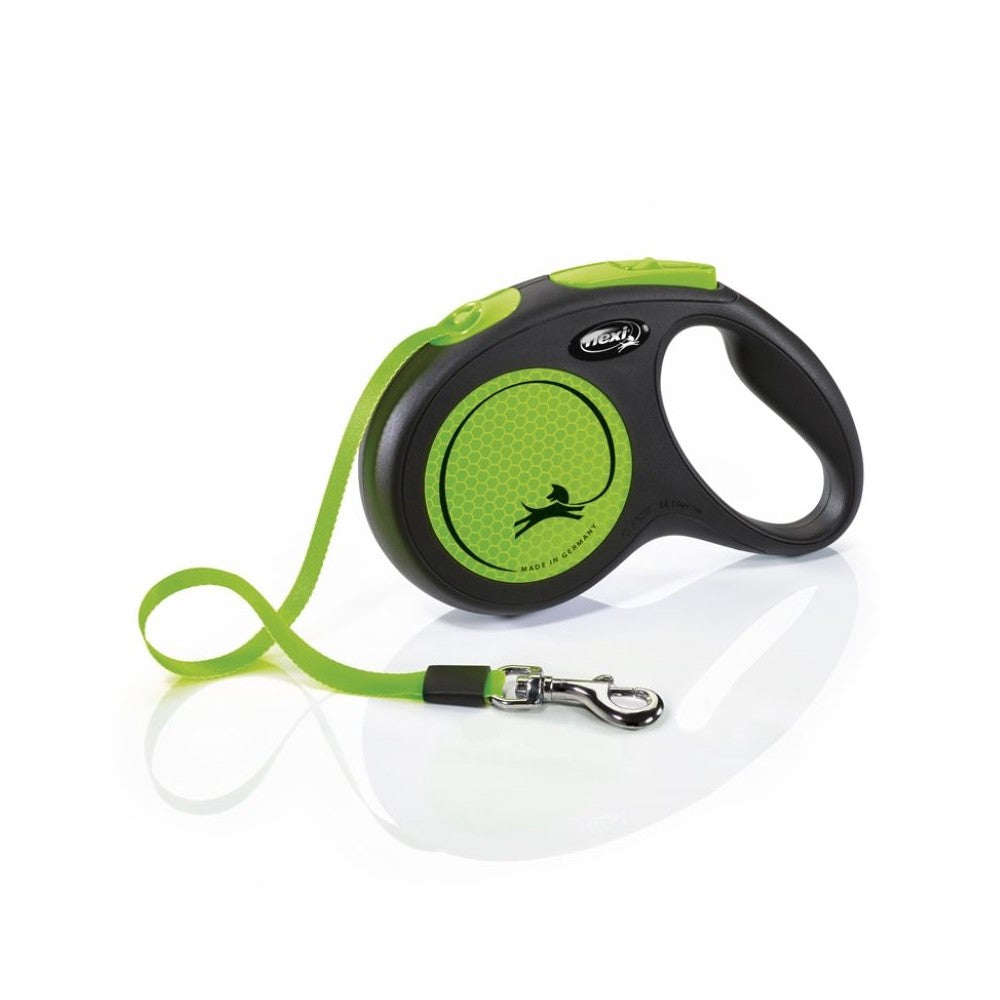 Flexi New Neon M automatinis pavadys, 5 m, juostelė, žalias
