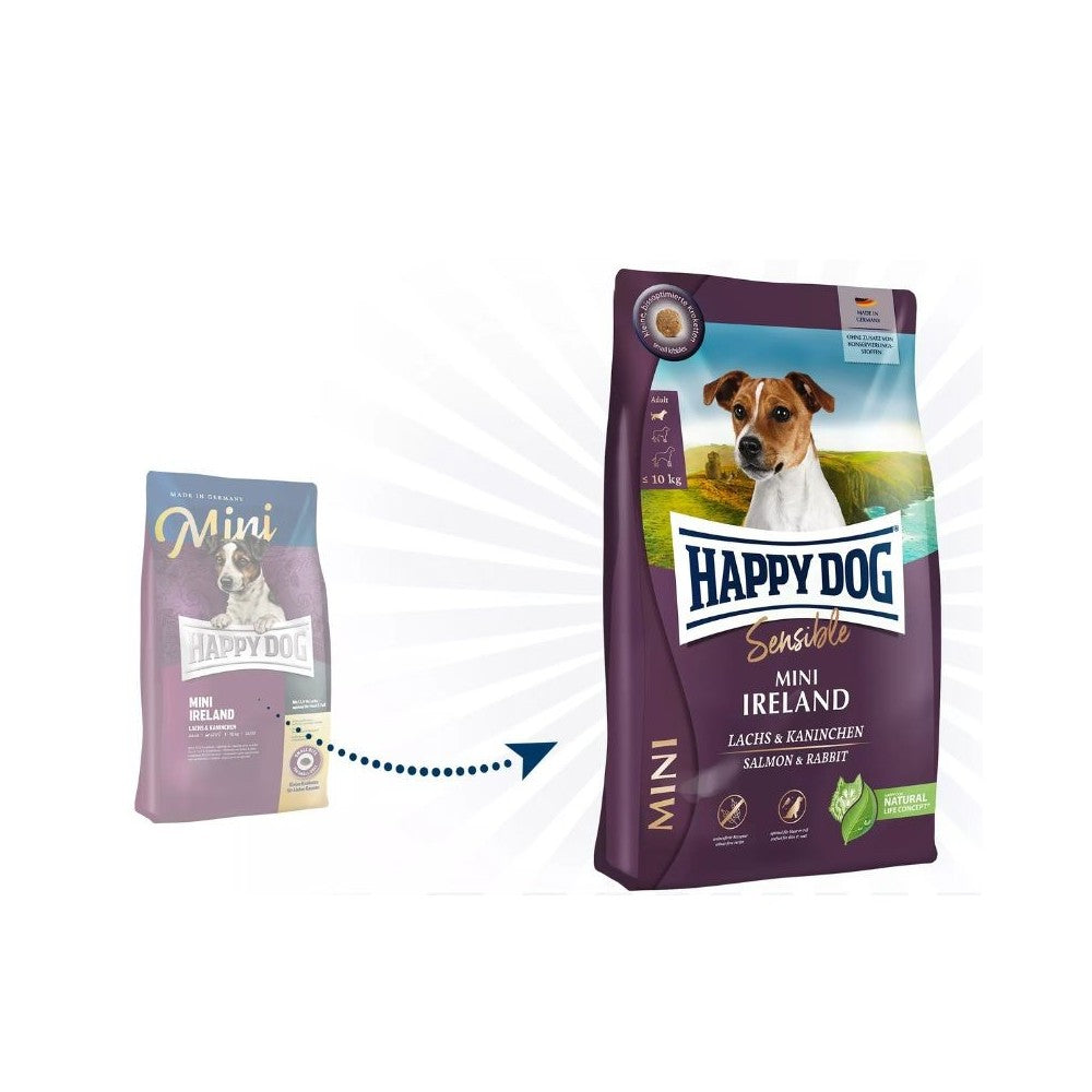 Happy Dog Mini Ireland visavertis pašaras mažų veislių suaugusiems šunims su triušiena ir lašiša, 10 kg