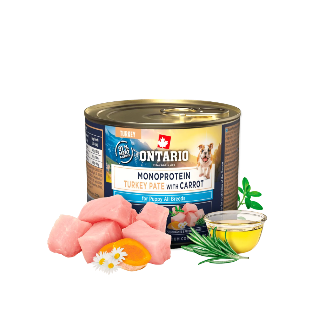 Ontario vieno baltymo konservai jauniems šuniukams su kalakutiena ir morkomis, 200 g