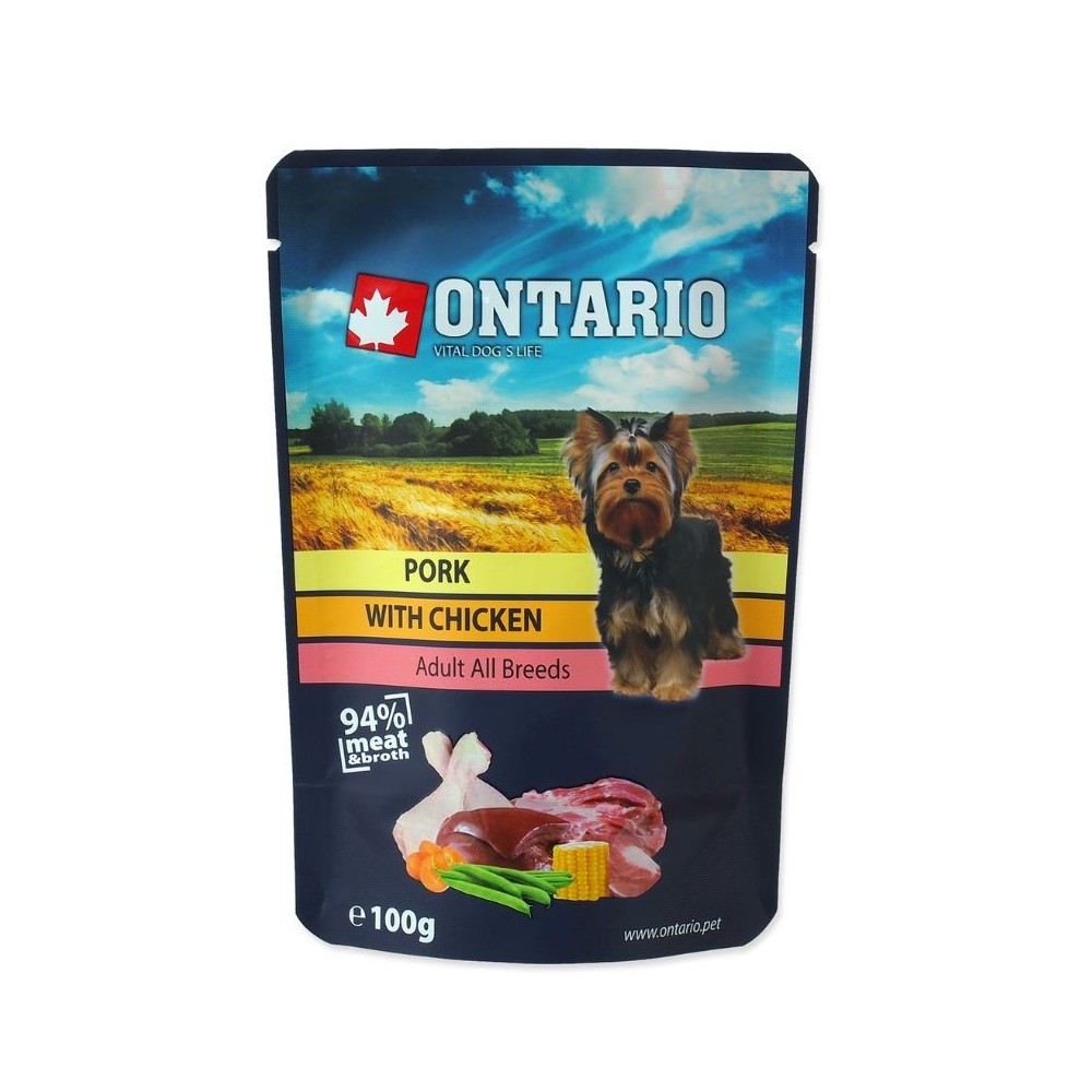Ontario konservai šunims su kiauliena ir vištiena sultinyje, 100 g