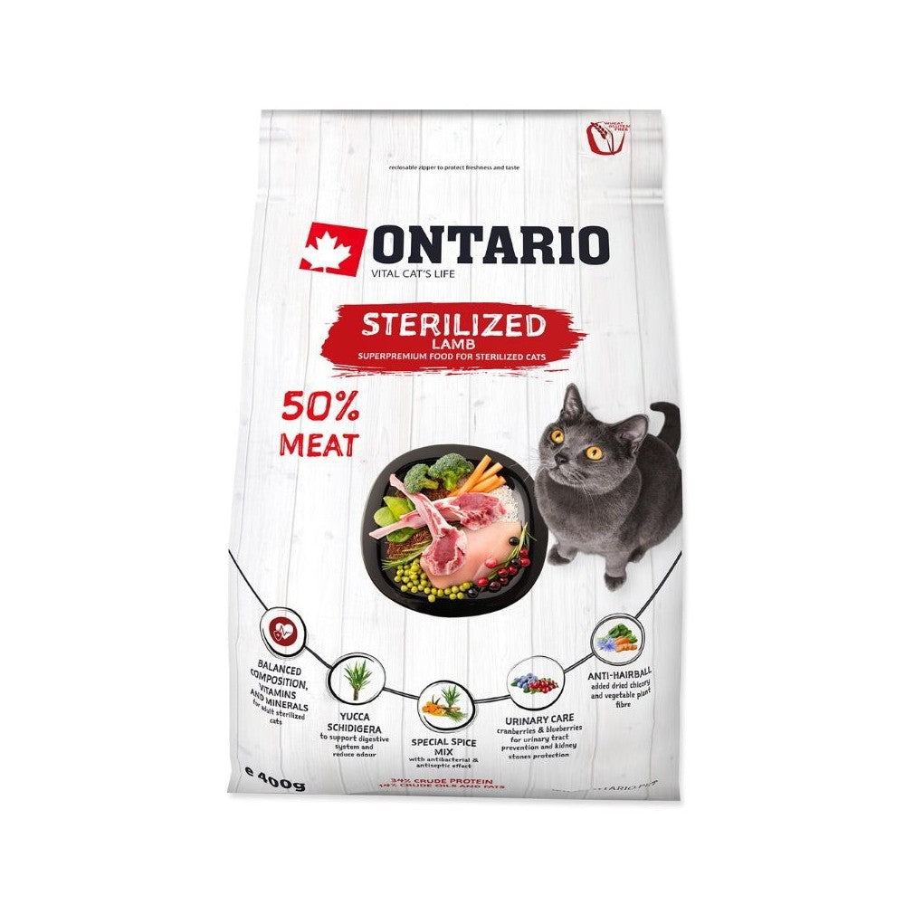 Ontario visavertis pašaras sterilizuotoms katėms Cat Sterilised Lamb, 0,4 kg