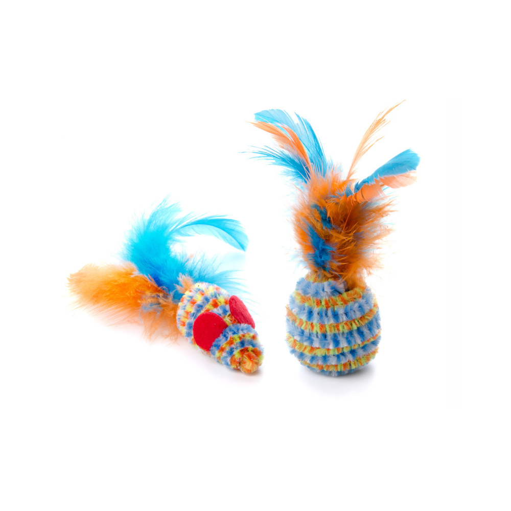 Žaislas katėms pliušinė pelytė ir kamuoliukas su plunksnomis, 10-12 cm (2 vnt.)